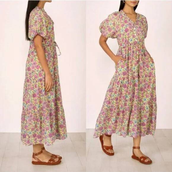 Banjanan NWT Poppy Puff Sleeve Daisy Floral Maxi Dress Size XS Yellow Purple - Picture 2 of 11